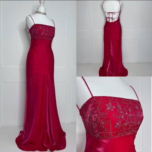 Vintage Meerjungfrau-Abschlussballkleider Spaghettiträger Rot 90er Ärmellos Rückenfrei Abendkleid Festliches Kleid RB3025
