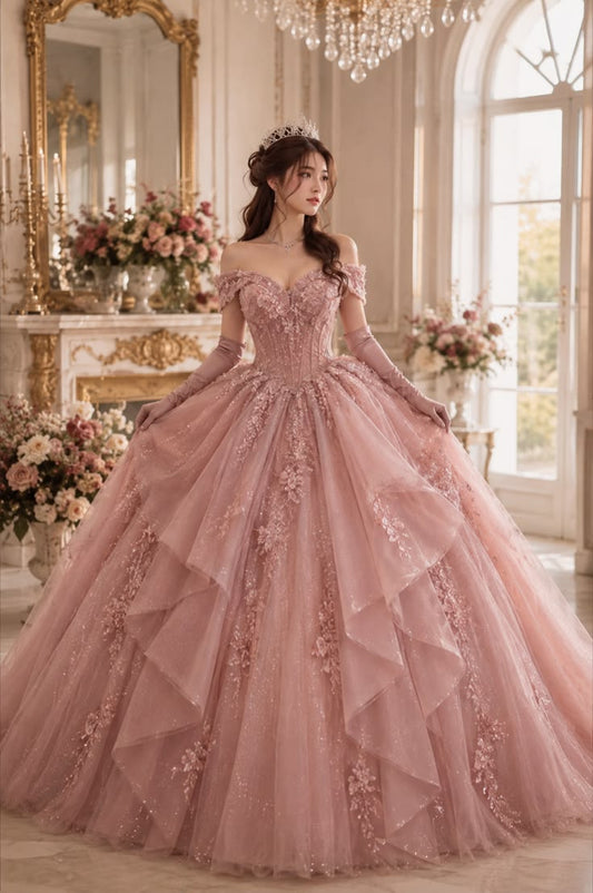 Blush Pink Ball Gown | Elegant Luxury Dress & Chic Fashion Off The Shoulder Quince Dress Quinceanera Dresses Birthday Outfits RB8224
