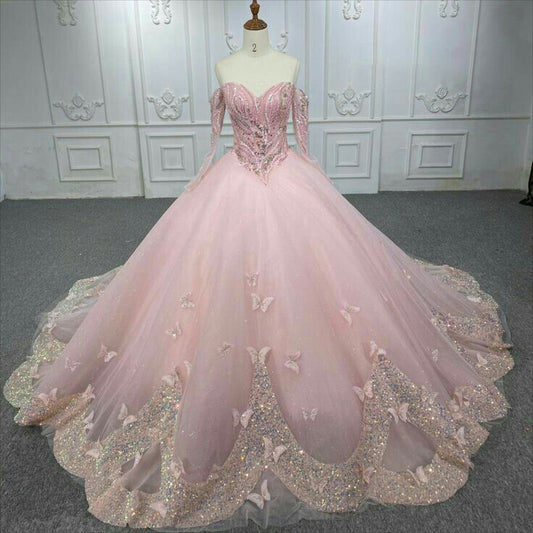 Elegant Princess Ball Gown for Wedding & Formal Events Off The Shoulder Butterfly Pink Quince Dress Quinceanera Dresses Birthday Outfits RB8219