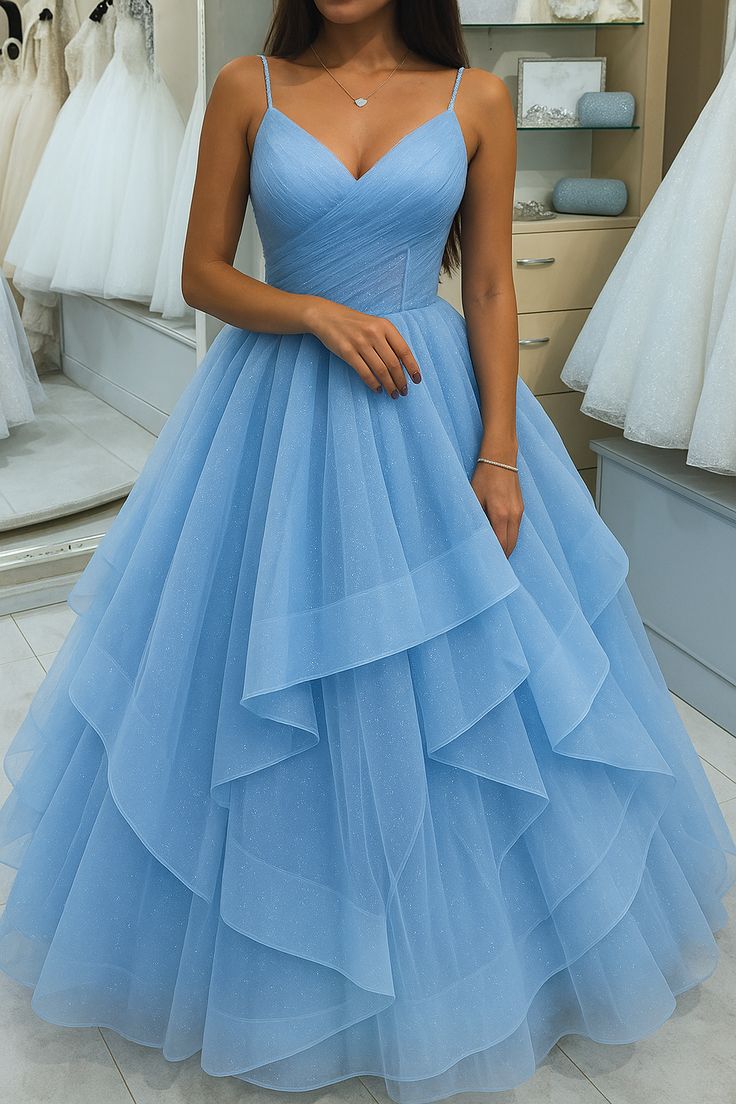 Elegantes Ballkleid mit Spaghettiträgern aus blauem Tüll – Ästhetisches Design für Teenager, festliche Kleider, Party-Outfits, Abiballkleid AB1114