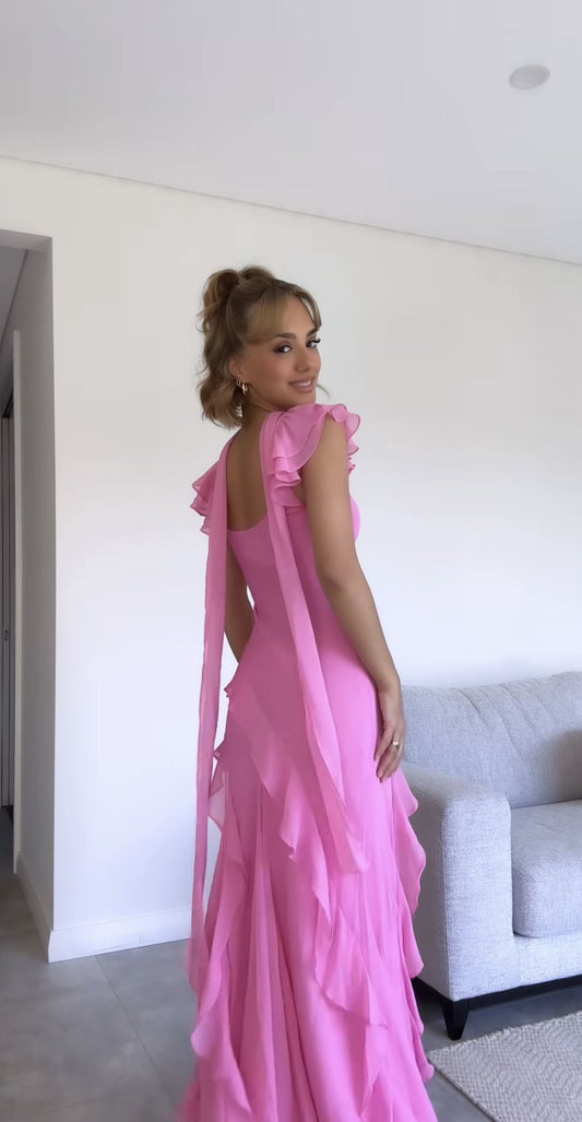 Wunderschönes, langes, rosafarbenes Chiffon-Abendkleid mit V-Ausschnitt, Rüschen und Schleife, auch als Partykleid oder Hochzeitsgastkleid geeignet (N250)