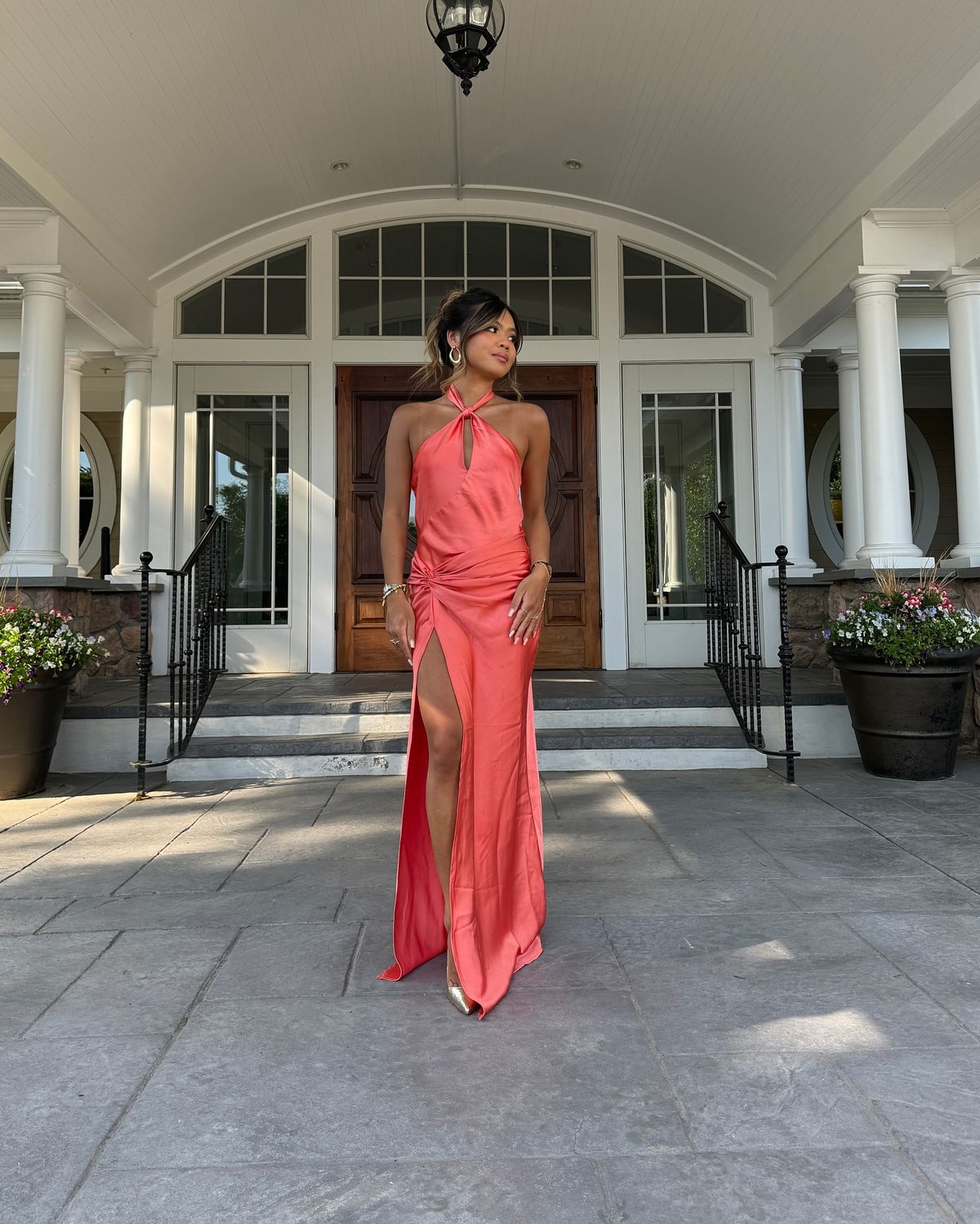 Simple Mermaid Halter Coral Satin With Slit Summer Spring Inspiration Long Wedding Guest Dress Birthday Outfits N1573