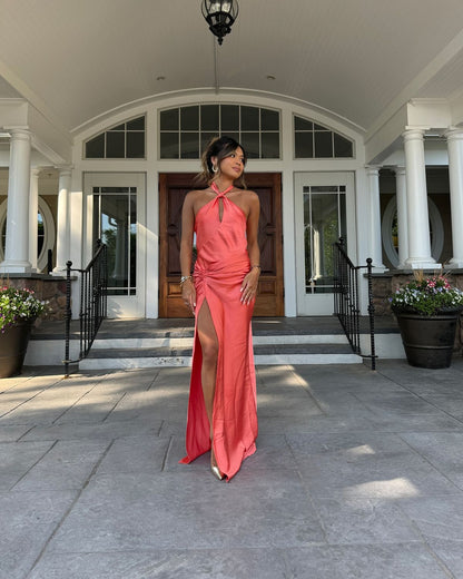 Simple Mermaid Halter Coral Satin With Slit Summer Spring Inspiration Long Wedding Guest Dress Birthday Outfits N1573