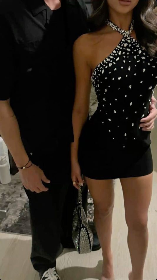 Sparkly Sheath Tight Halter Little Black Dress Mini Graduation Dresses Short Inspo Senior Homecoming Outfits RB3508