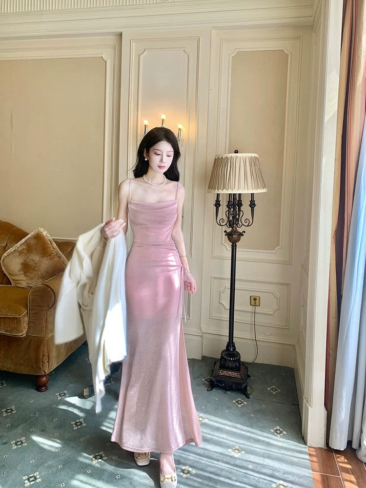Robe de soirée sirène modeste à fines bretelles et sequins roses fendue, idéale pour les lycéennes et les jeunes filles en fin d'année (N016)