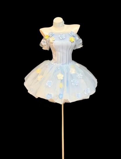 Pretty Ball Gown Off The Shoulder Light Blue Tulle Mini Short Party Homecoming Dress Senior High School Ideas Inspo Short Birthday Outfits RB7321