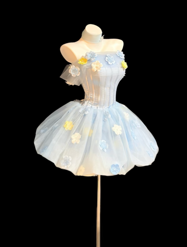 Pretty Ball Gown Off The Shoulder Light Blue Tulle Mini Short Party Homecoming Dress Senior High School Ideas Inspo Short Birthday Outfits RB7321