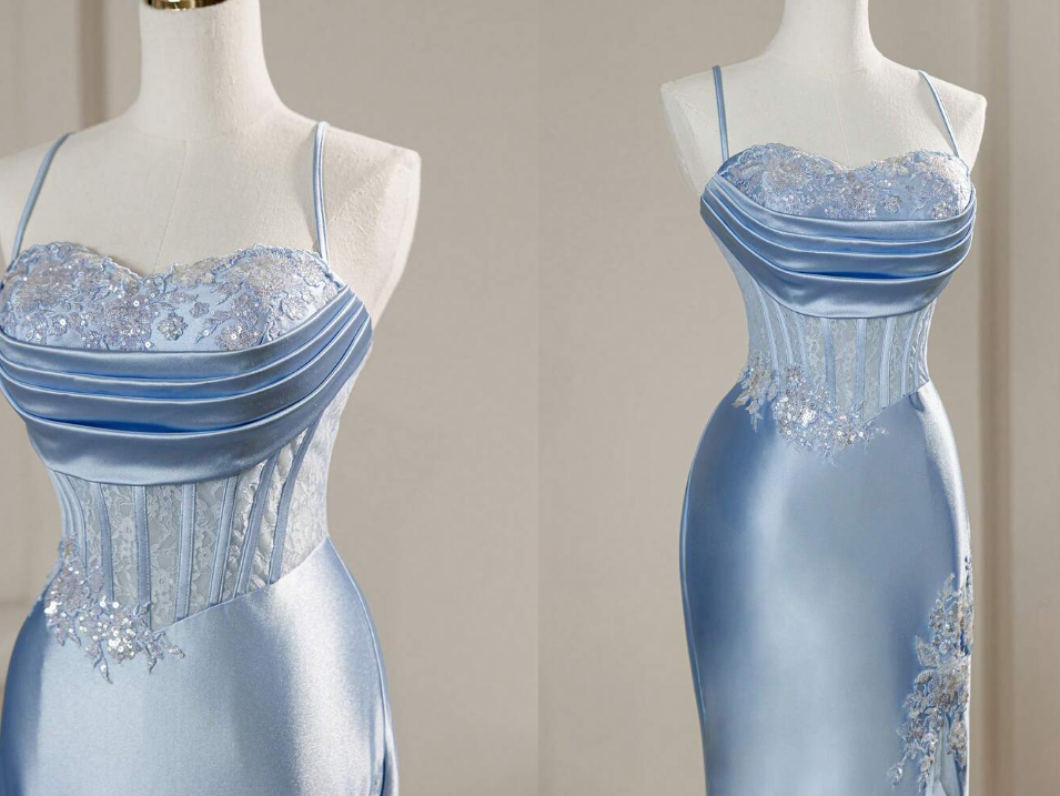 Elegant Mermaid Spaghetti Straps Blue Satin Beaded Pleated Long Prom Dresses Vestidos De Dia AB591