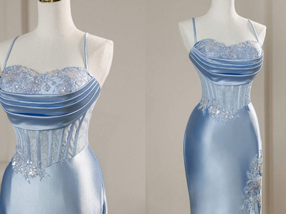 Elegant Mermaid Spaghetti Straps Blue Satin Beaded Pleated Long Prom Dresses Vestidos De Dia AB591