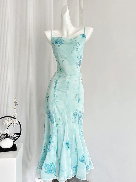 Elegantes Meerjungfrauen-Spaghettiträger-Chiffon-Frühlings-Abendkleid Langes Ballkleid N2672