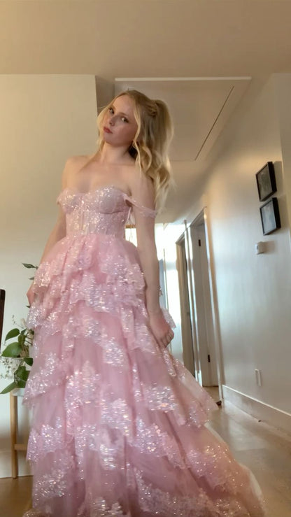 Fairytale Pink Prom Dress Ball Gown Off The Shoulder Lace Layers Princess Party Evening Formal Gown RC1164