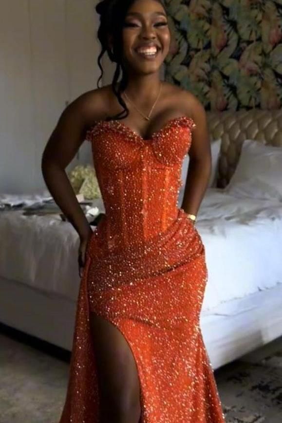 Robe de bal sirène orange sans manches à sequins et décolleté cœur, robe de soirée élégante pour femme AB1531