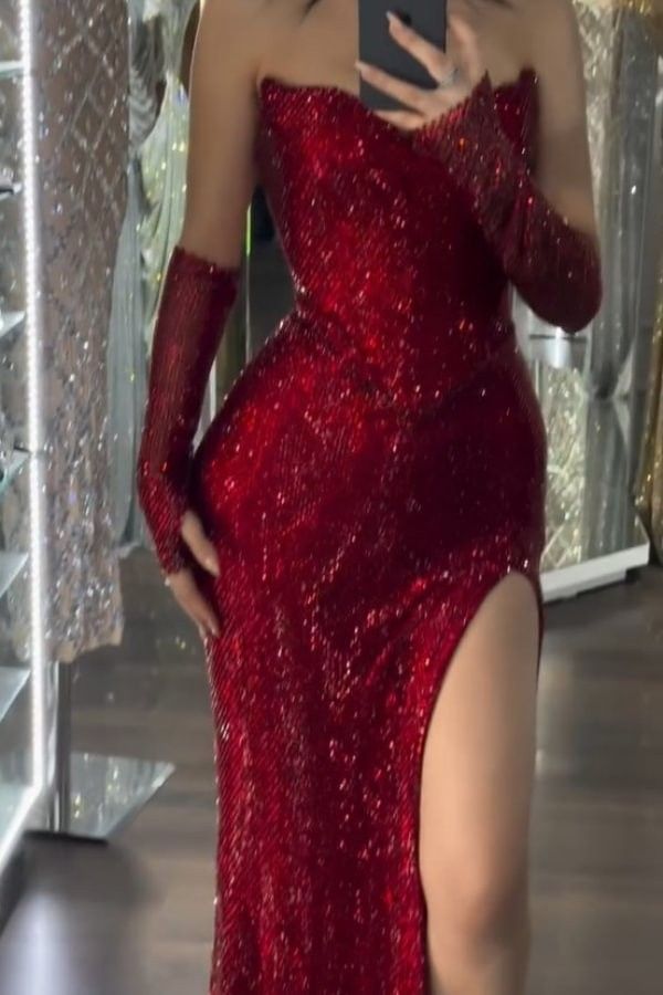 Attractive Sequins Sweetheart Slit Burgundy Mermaid Prom Dresses Evening Dress Party Gowns AB349