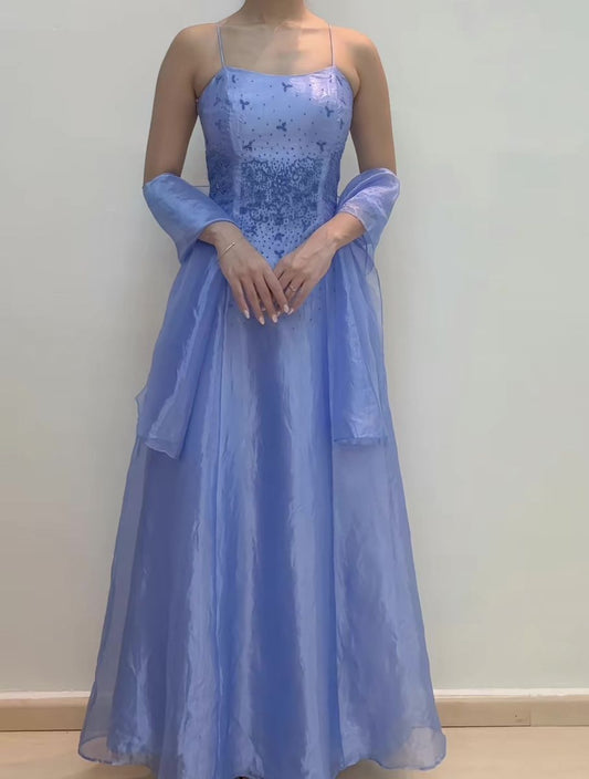 Elegantes A-Linien-Spaghettiträger-Kleid Blau mit Perlen, Schal, Ärmellos, Lange Abendrobe, Ballkleid N2539