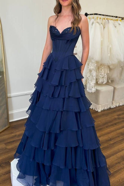 Dunkelblaues, trägerloses, plissiertes Abendkleid mit Rüschen in A-Linie, AB687