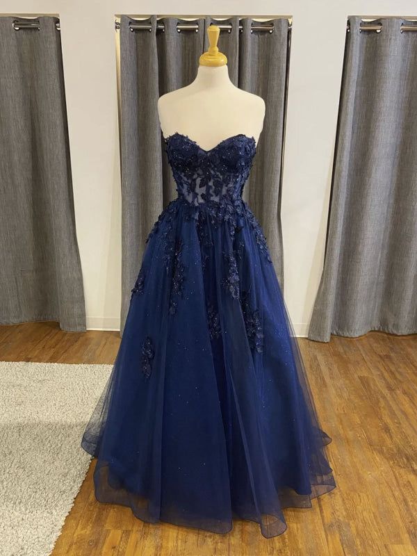Strapless Open Back Navy Blue Lace Beaded Long Prom Dresses Formal Graduation Evening Dresses AB685