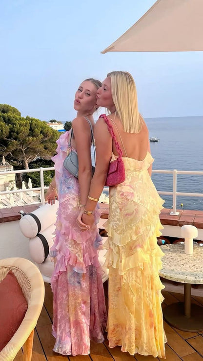 Robe de bal longue sirène unique à fines bretelles en dentelle jaune et mousseline, idéale pour un 21e anniversaire ou une remise de diplôme (N901)