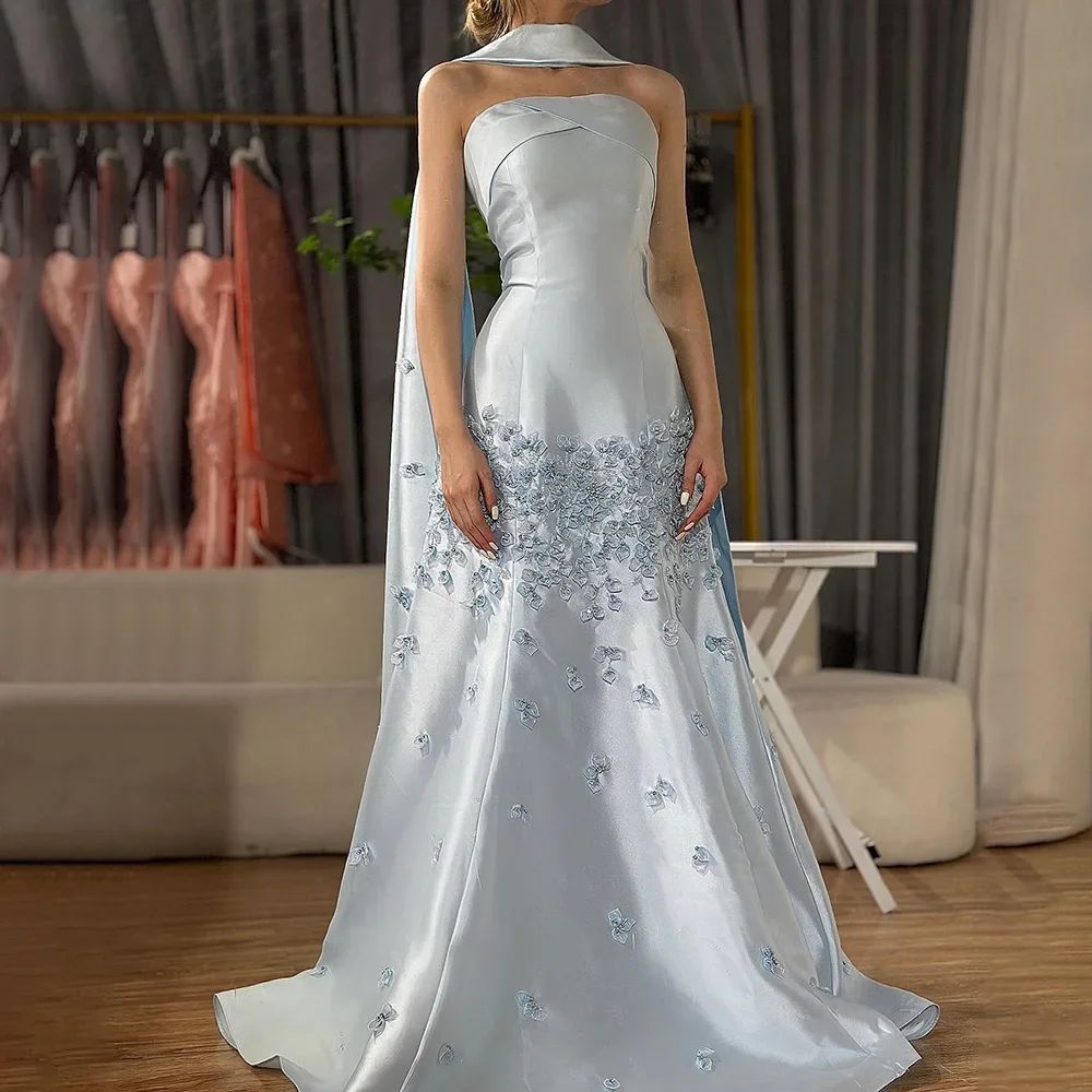 Niedliches hellblaues Meerjungfrauen-Abendkleid mit Blumenmuster, langes formelles Partykleid, Ballkleid AB1174