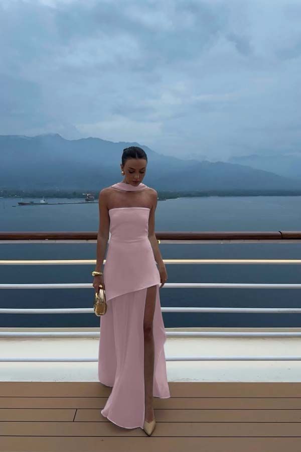 Weißes trägerloses Satin-Chiffon-Kleid mit Schlitz für Sommer, Fest, Abschlussball, 18. Geburtstag, Outfit AB2396