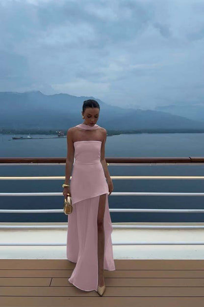 Weißes trägerloses Satin-Chiffon-Kleid mit Schlitz für Sommer, Fest, Abschlussball, 18. Geburtstag, Outfit AB2396