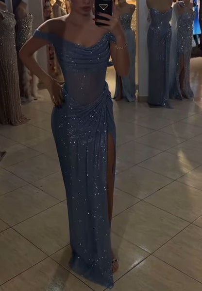 Funkelndes Meerjungfrauen-Abendkleid mit schulterfreiem Ausschnitt, blauen Pailletten und langem Schlitz, festliche Abendkleider, Ballkleider AB653