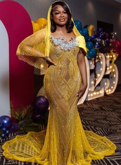 Robe de bal sirène bustier à sequins jaunes, inspiration femme noire, robe de soirée longue pour fête, tenue pour un 18e anniversaire AB2357