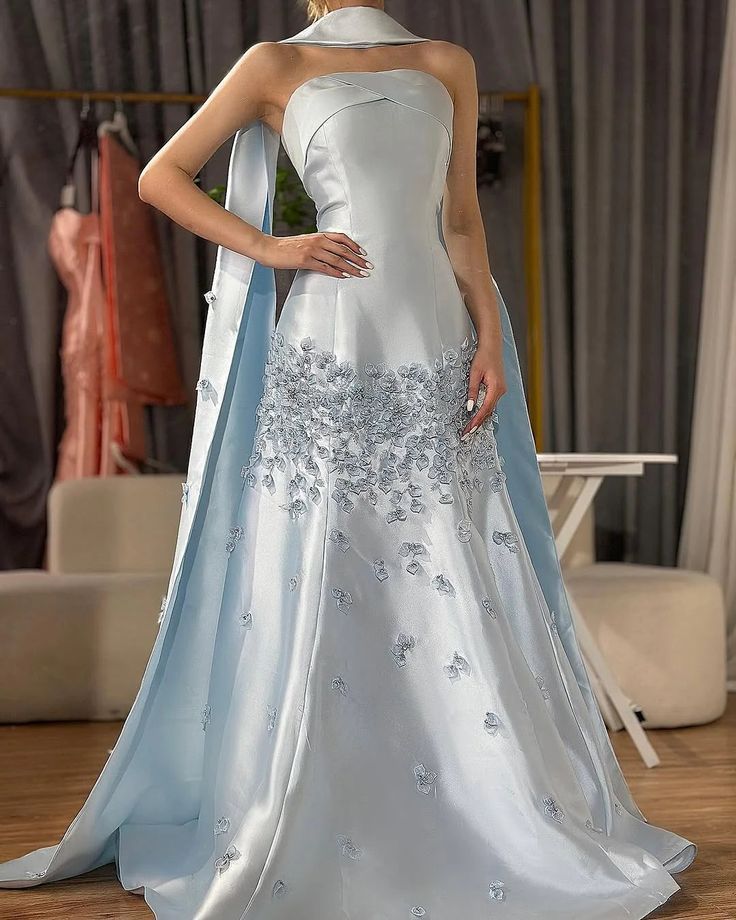 Niedliches hellblaues Meerjungfrauen-Abendkleid mit Blumenmuster, langes formelles Partykleid, Ballkleid AB1174
