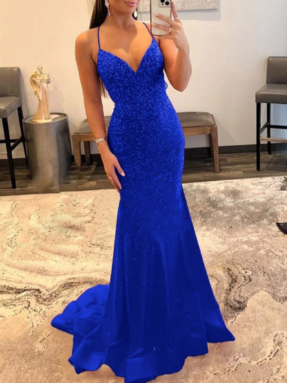 Shiny Mermaid V Neck Glitter Satin Prom Dress Beaded Prom Dress Party Gowns RB1700
