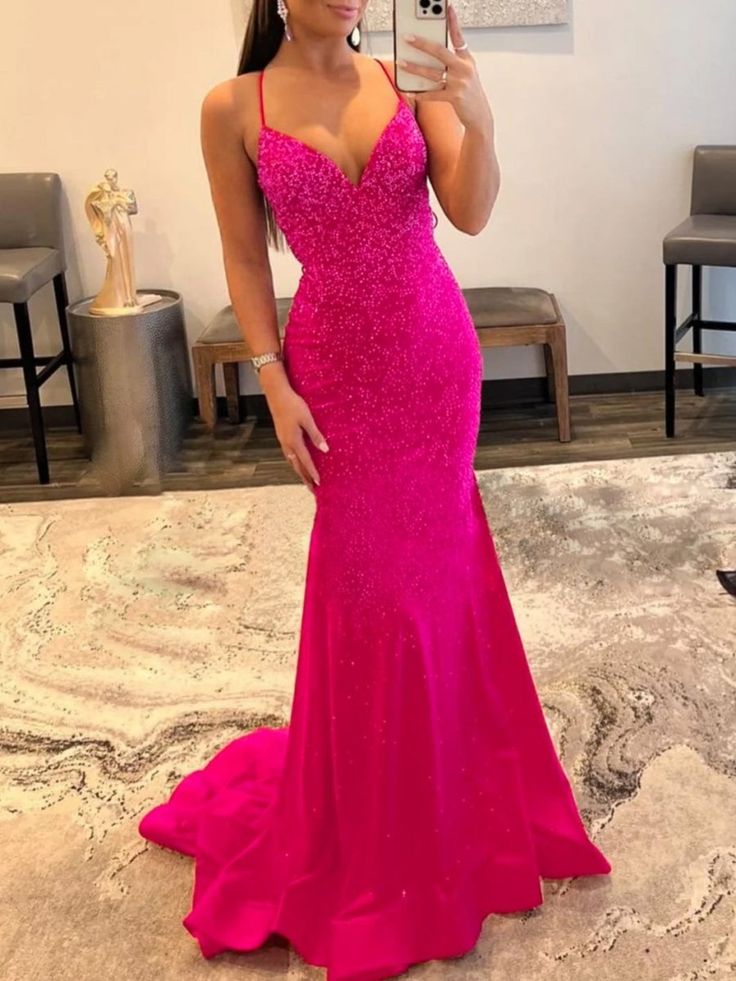 Shiny Mermaid V Neck Glitter Satin Prom Dress Beaded Prom Dress Party Gowns RB1700