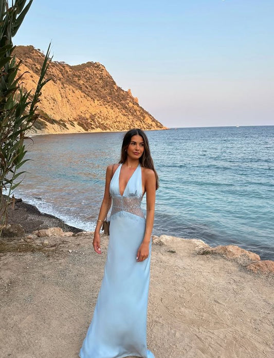 Einfaches Meerjungfrauen-Halterkleid, blau, rückenfrei, langes Abendkleid, Sommerkleid, Strandkleid, formelles Kleid mit schwarzer Krawatte, Frühlingshochzeitsgastkleid N1389
