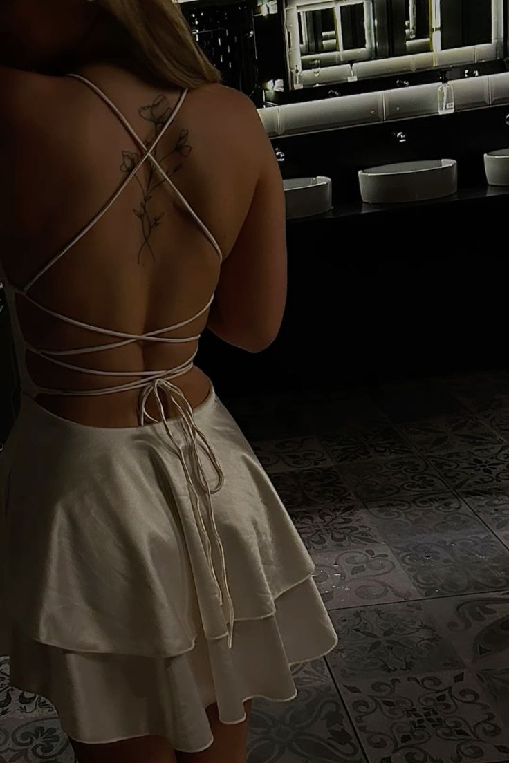 Glam A line Spaghetti Straps White Satin Short Mini Homecoming Dresses Party Outfits Inspiration RB9266