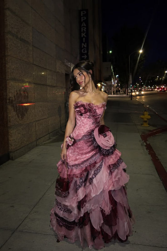 Ball Gown Strapless Tulle Pink Long Prom Dresses Inspo Party For Teens Girls Formal Gown RB8690