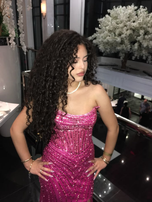 Sexy Mermaid Strapless Beaded Pink Long Prom Dress Inspo Party For Teens Girls Formal Gown RB8682
