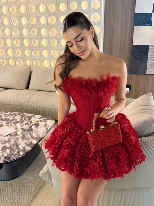 Stunning Ball Gown Strapless Short Burgundy Sleeveless Mini Homecoming Dress With Flowers RB6434
