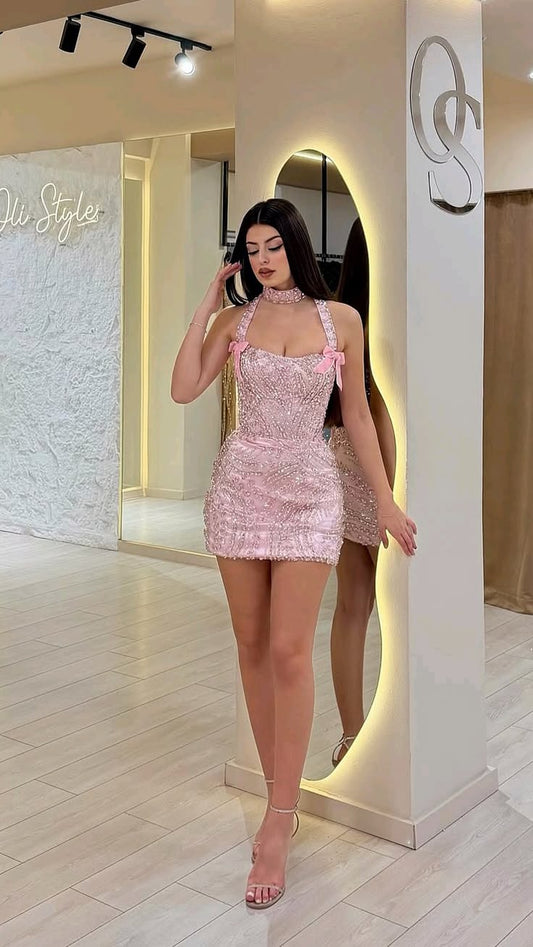 Beautiful Stylish Dress Design Sleeveless Mini Sheath Halter Pink Homecoming Dress With Beading RB6435