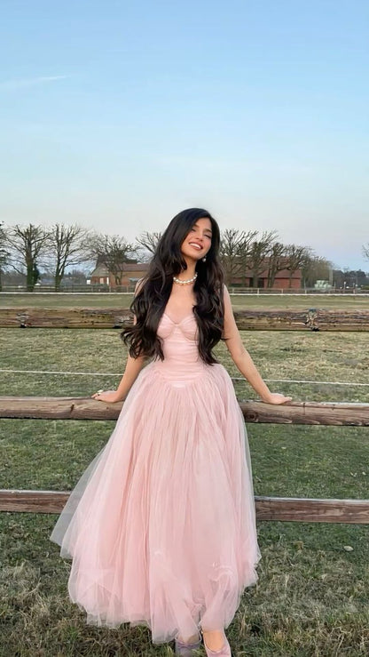 Schlichtes, rosa Tüll-Abendkleid in A-Linie mit Spaghettiträgern für Teenager, festliches Kleid, Party-Outfit, Ballkleid AB1048