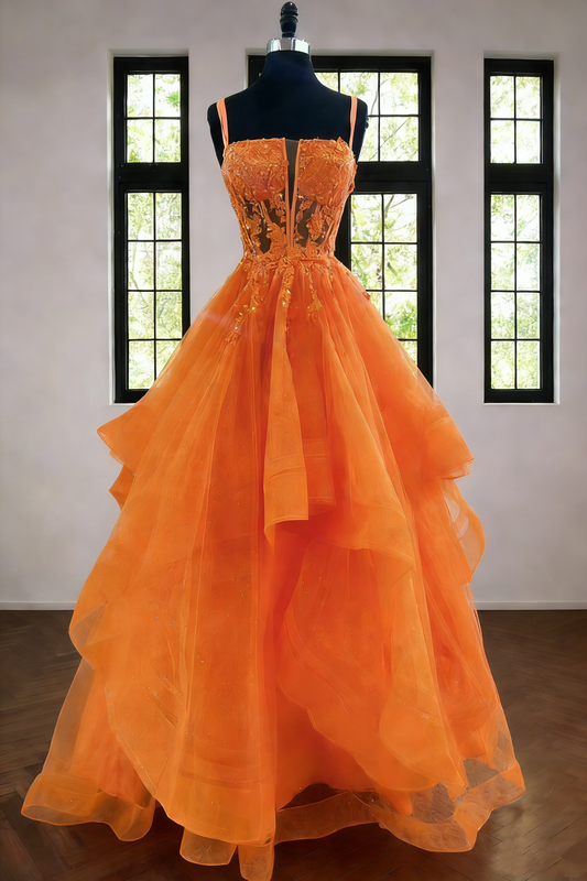 Elegantes Ballkleid mit Spaghettiträgern aus orangefarbenem Tüll und Spitze, langes, formelles Abendkleid für Abschlussball, Dinnerpartys und andere festliche Anlässe für Teenager AB2182