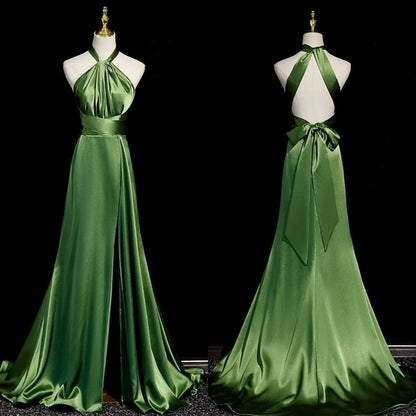 Einfaches, rückenfreies, langes A-Linien-Abendkleid aus olivgrünem Satin mit Neckholder, formelles Partykleid, Ballkleid AB1176