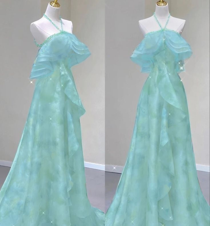 Élégante robe longue de bal de promo trapèze verte dos nu avec perles et volants sans manches N2540