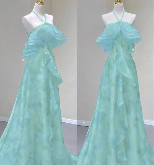 Elegantes Neckholder-Abendkleid in A-Linie, Grün mit Perlenstickerei, Rüschen, ärmellos, langes Ballkleid N2540