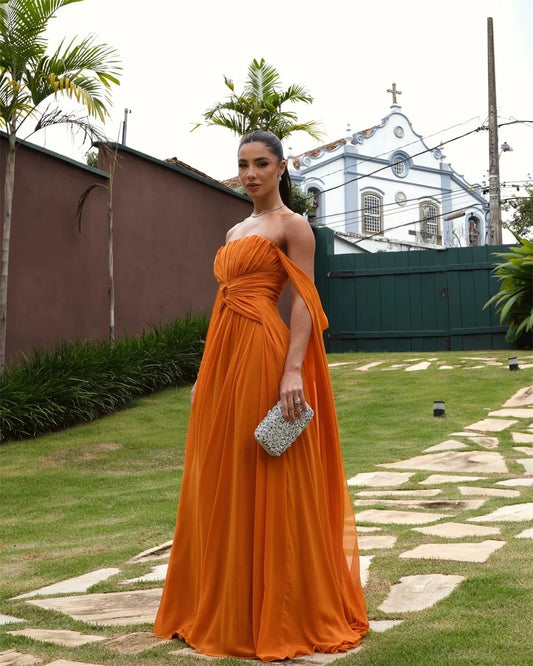 Robes de bal orange personnalisées à épaules dénudées et châle, robes de soirée drapées sans bretelles AB421