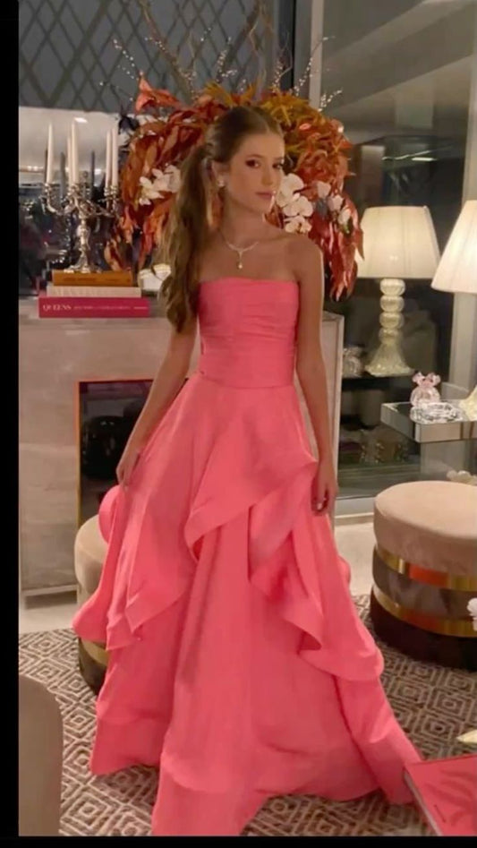 Wunderschönes, trägerloses, ärmelloses, langes Ballkleid aus rosa Satin AB208