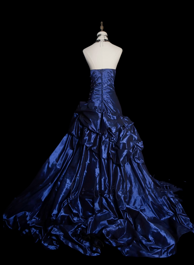 Vintage Ballkleid, trägerlos, marineblau, Satin, langes Abendkleid für Abschlussball, Abiball, Kostüme N035