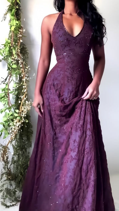 Vintage Meerjungfrauen-Abendkleid aus lila Spitze mit Neckholder, langes Abendkleid, Ballkleid AB326