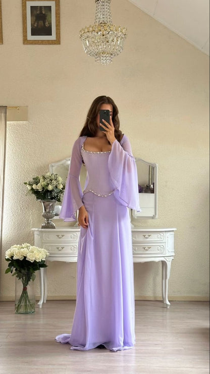 Elegantes zweiteiliges Meerjungfrauen-Kleid aus lila Chiffon mit eckigem Ausschnitt und langen Ärmeln – langes, formelles Abendkleid, elegantes Partykleid, AB2023