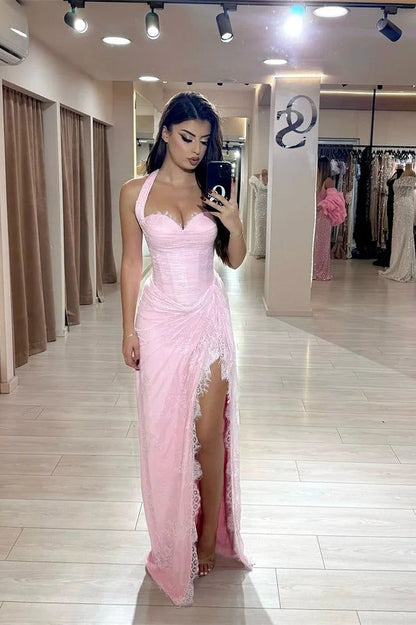 Beautiful Pink Sweetheart Halter Sleeveless Lace Prom Dress Mermaid With Side Split Graduation Dress B551