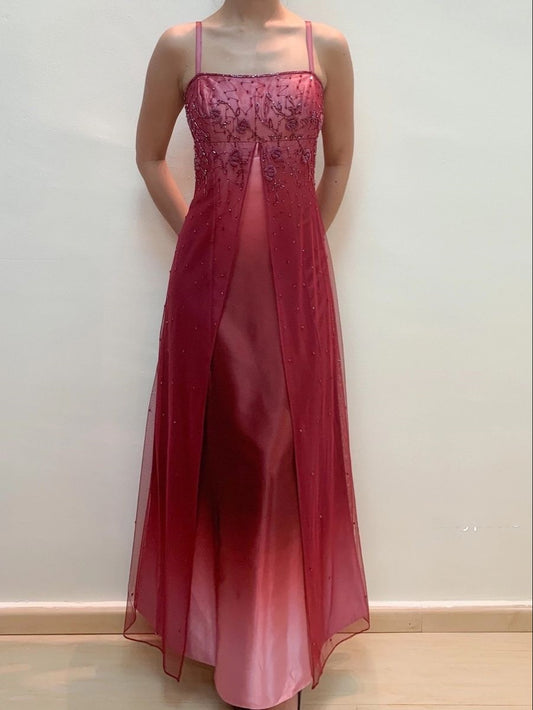 Vintage Y2K A-Linien Spaghettiträger Rot Farbverlauf Ärmelloses langes Abendkleid zum 21. Geburtstag Ballkleider N2408