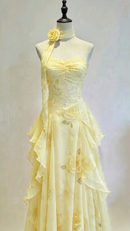 Dreamy A Line Sweetheart Yellow Chiffon Perfection-Formal Goals With Beading Long Prom Dress Evening Party Formal Outfits RB6694