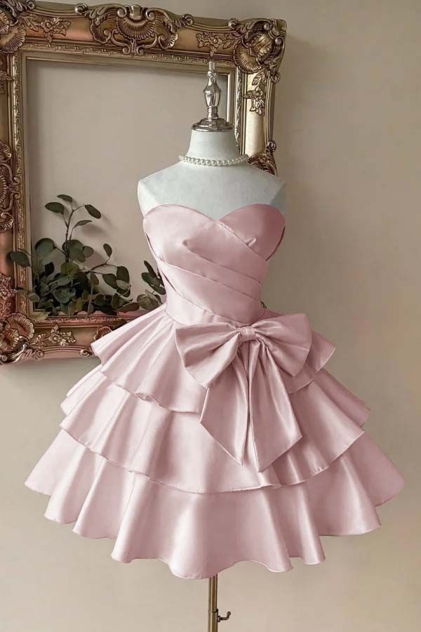 Robe de bal courte sans bretelles bustier sans manches avec plissé rose rougissant robes de rentrée N2117