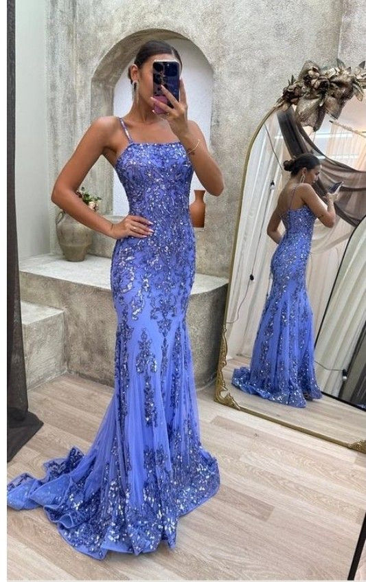 Glitzernde blaue Spaghettiträger mit Pailletten, langes Meerjungfrauen-Abendkleid für Damen N4115